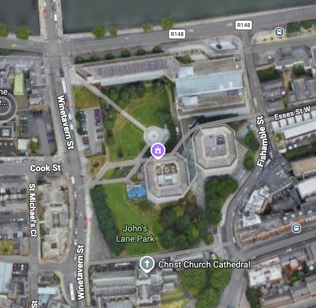 Aerial view of the Wood Quay site with labelled street names