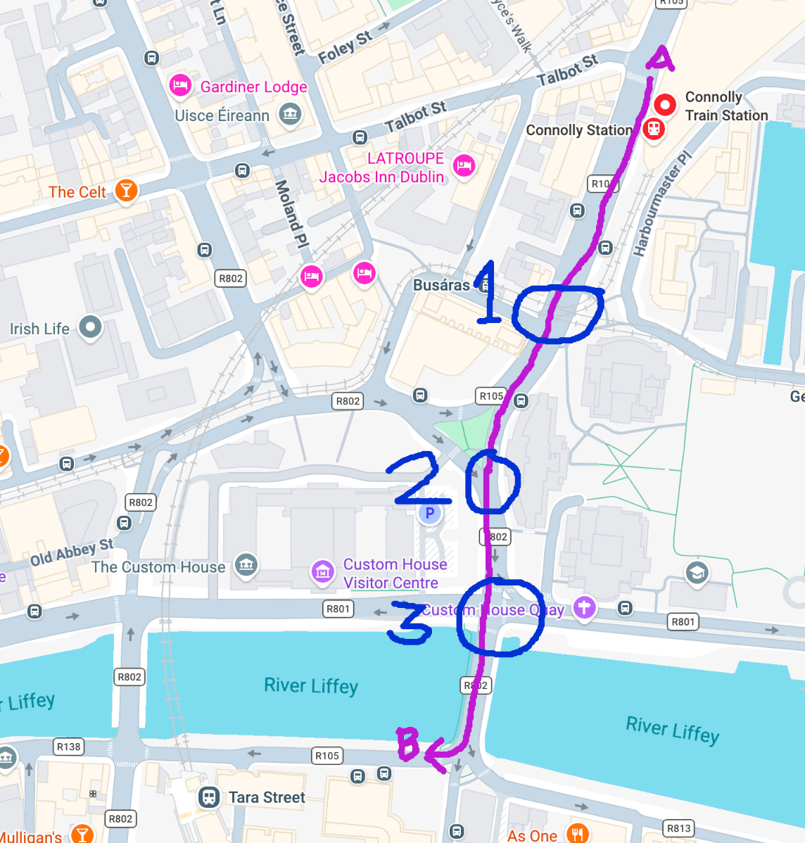 A map of Connolly Station and environs with a cycling route marked out in purple and 3 danger areas marked in blue.