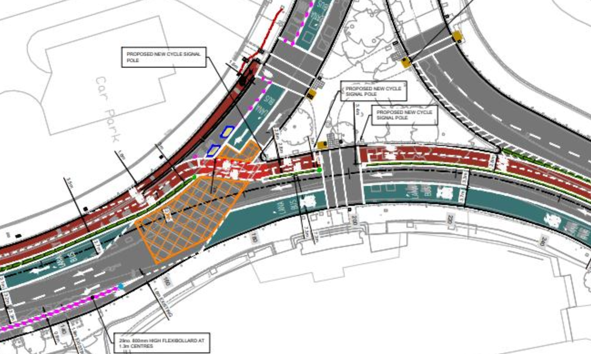 A map showing several traffic lanes, bus lanes and bike lanes going around a large triangular traffic island