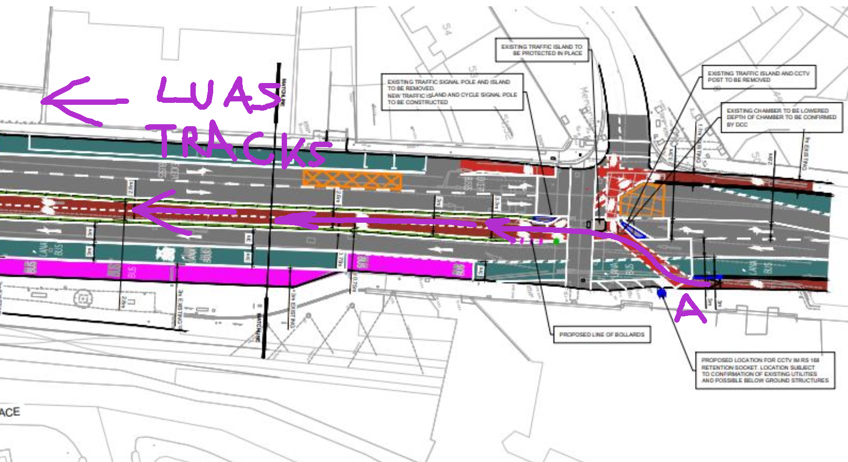 A map of a multi-lane road with a 2-way cycle lane in the middle. There are some hand drawn annotations.