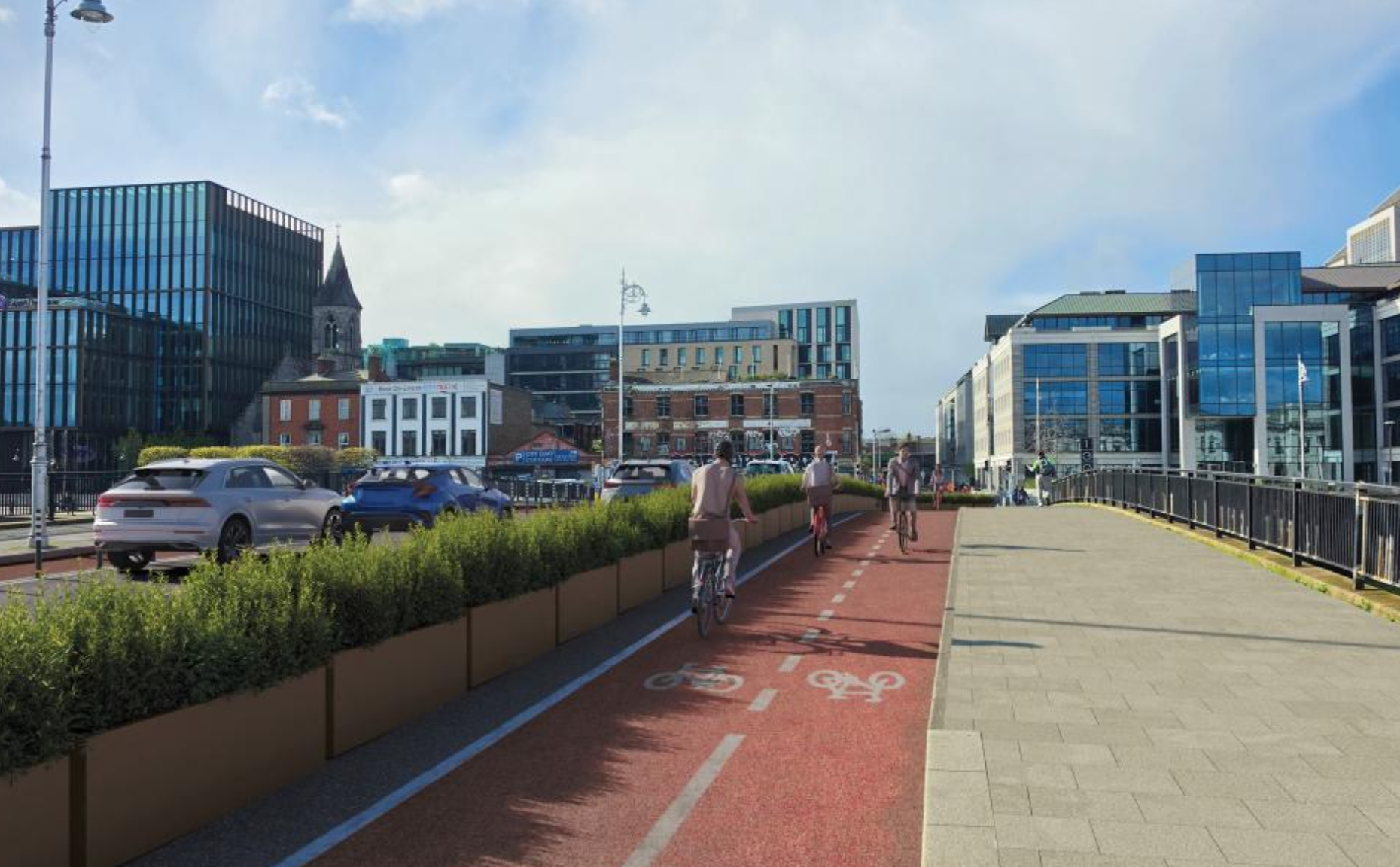 A photomontage showing cars and cyclists crossing a bridge on segregated infrastructure