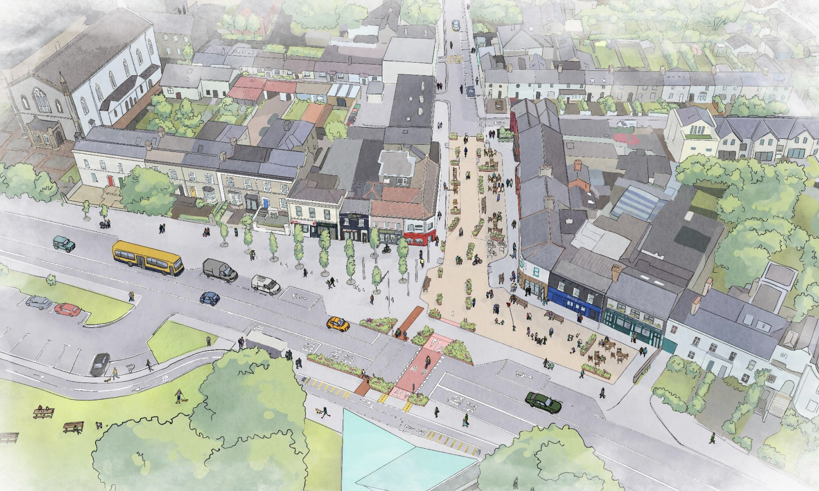 Watercolour aerial view of what the Vernon Ave scheme will look like when completed