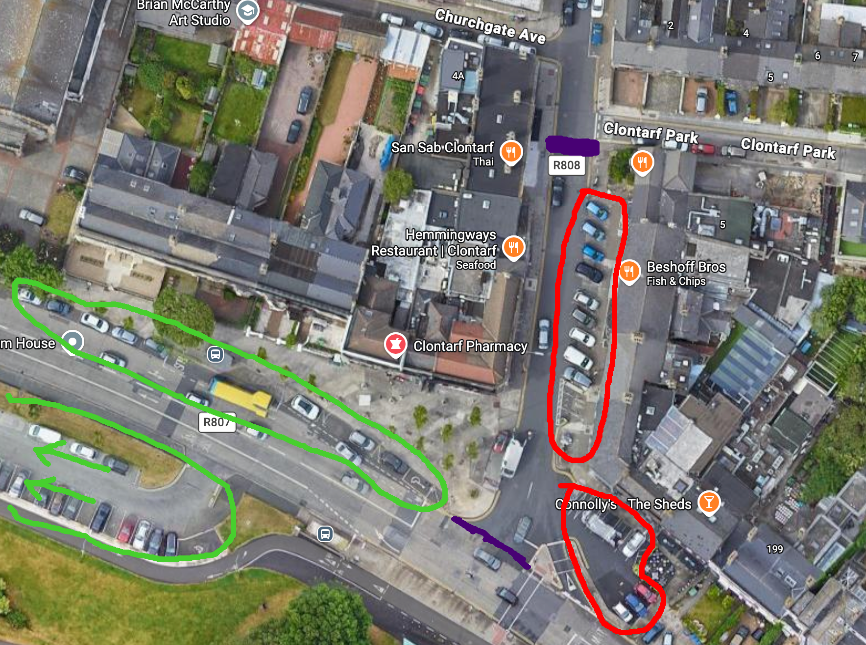 Aerial view of Vernon Ave / Contarf Road junction with some hand drawn annotations