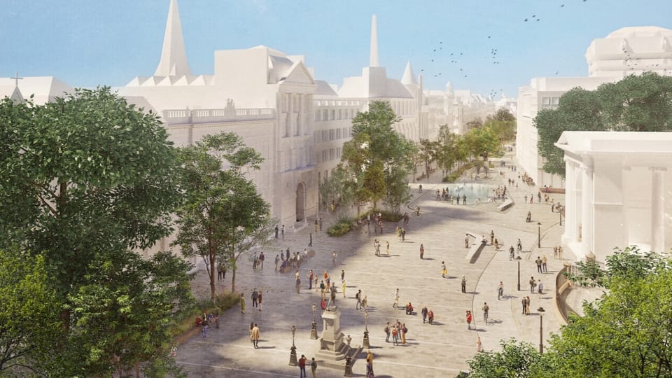 An architectural rendering of a streetscape with greenery, a water feature, high-quality paving, benches, statues and lots of people walking around. 