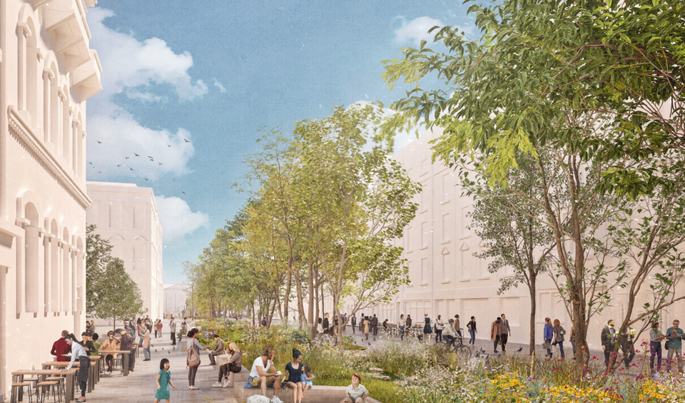 A computer generated image of a streetscape with trees and plants in it. There are people sitting at tables and other people walking.